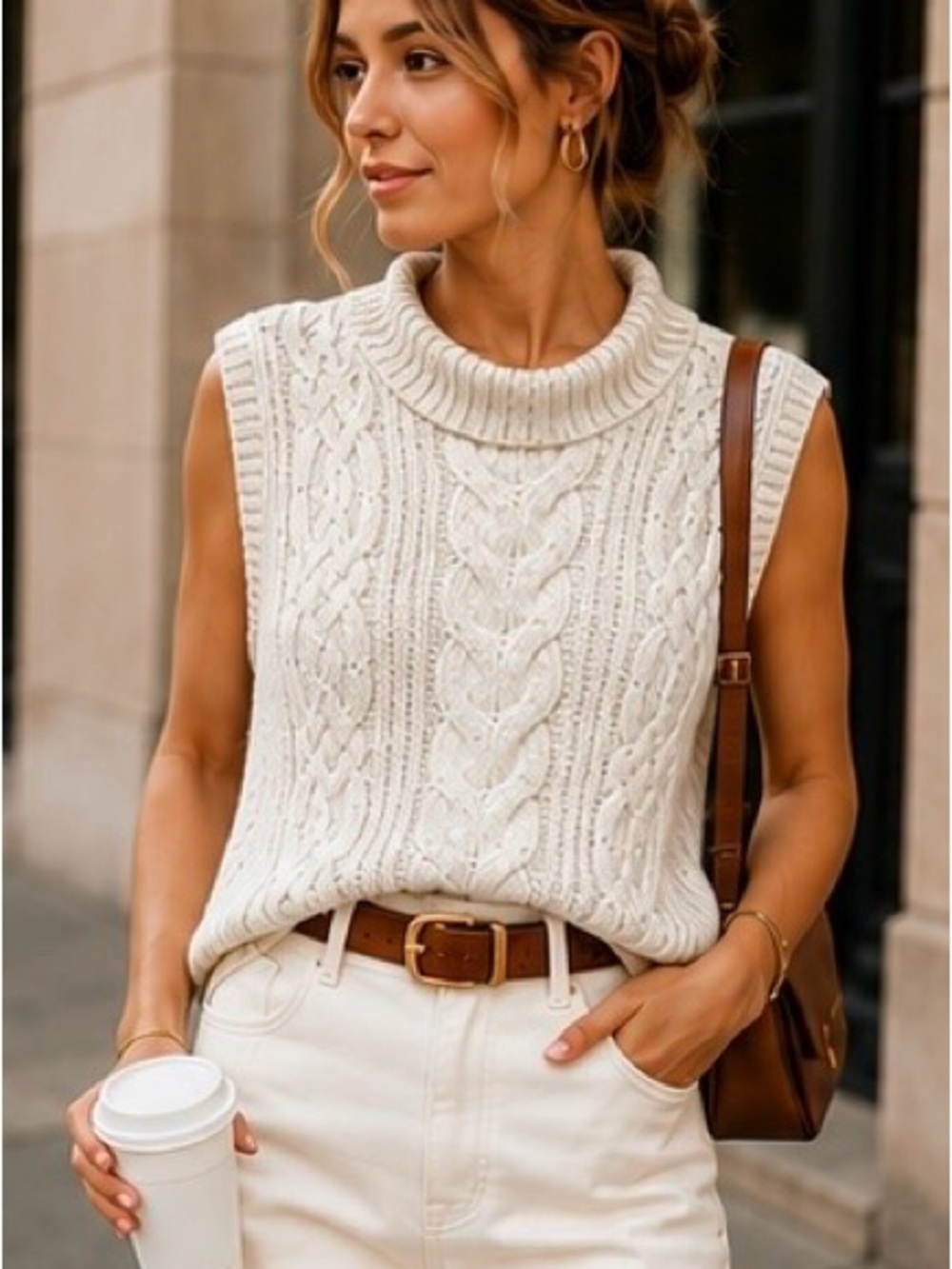 Cable Knit Sweater Mick Turtleneck Metallic Cream Sleeveless Cozy